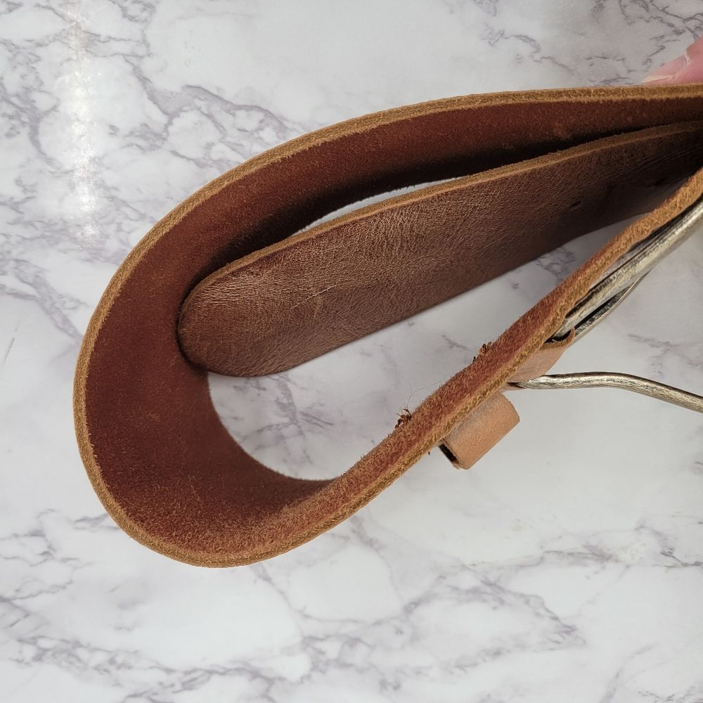 Sam Brown Wide Asymmetrical Tan Leather Belt Oversized Silver Buckle Boho - Picture 10 of 14